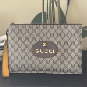 Gucci Brown GG Monogram Wristlet with Gold Logo and Yellow Strap